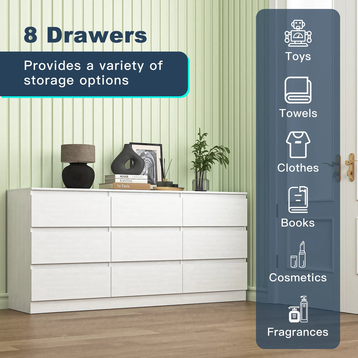 Kadyn White Chest of Drawer, 6 Double Drawer Dresser for Bedroom, Modern Storage Cabinet for Living Room, Dresser