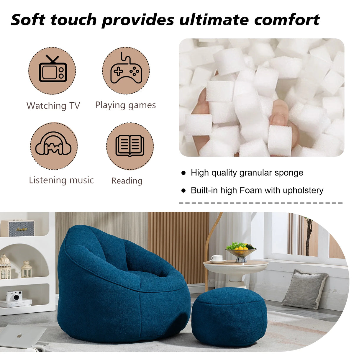 MOONMISS Microfiber Upholstered High Pressure Foam Round Lazy Bean Bag Sofa Chair with Ottoman-Gray