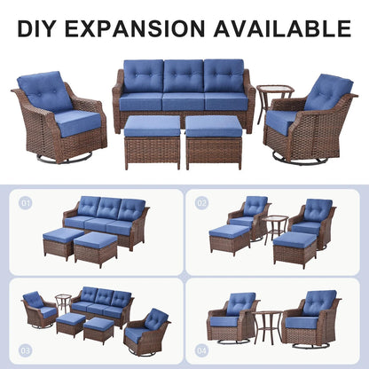 Bellefurn Outdoor Patio Furniture Set with Fire Pit and Swivel Rocker Chair,High-Back Wicker Outdoor Conversation Sets with 3 Seater Couch and Side Table Set for Porch,Deck,Garden