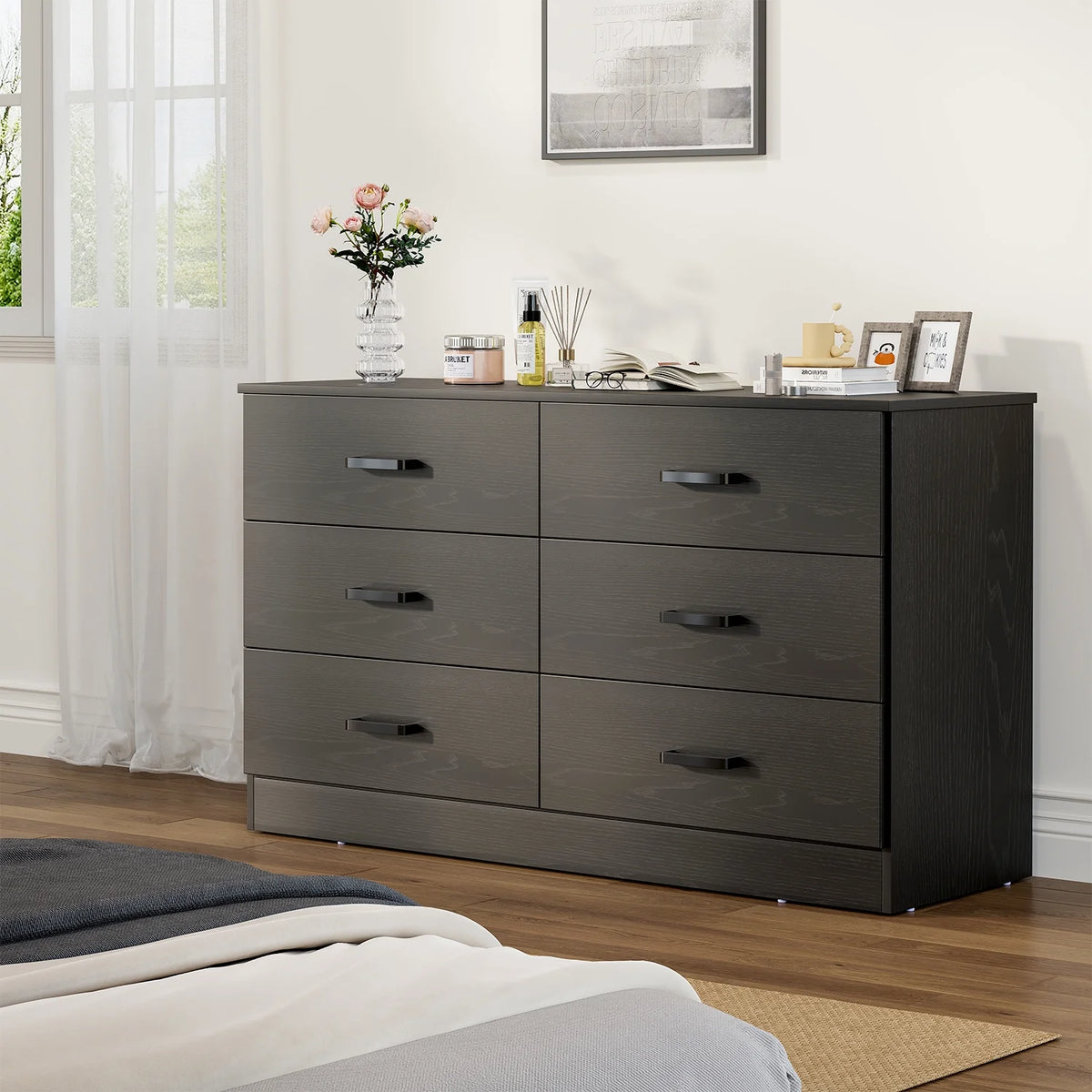 Winkalon 6 Drawer White Double Dresser, Wood Storage Cabinet with Easy Pull Out Handles for Living Room,Chest of Drawers for Bedroom