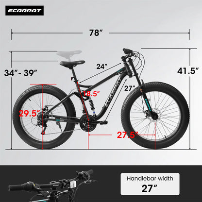 Ambifirner 26" Fat Tire Mountain Bike with Full Suspension - 4" Wide All-Terrain Tires & Shimano 21-Speed Drivetrain - Outdoor Bike for Men/Women 85% Pre-Assembled Durable Design