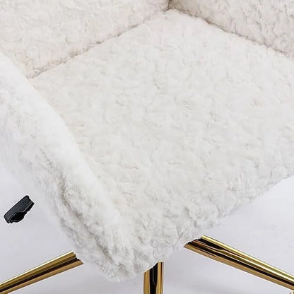 Fluffy Desk Chair,Height Adjustable Vanity Chair with Wheels,Comfortable Faux Fur Desk Chair with goldenn Base, Arm Chair for Bedroom,Living Room,Vanity,Office