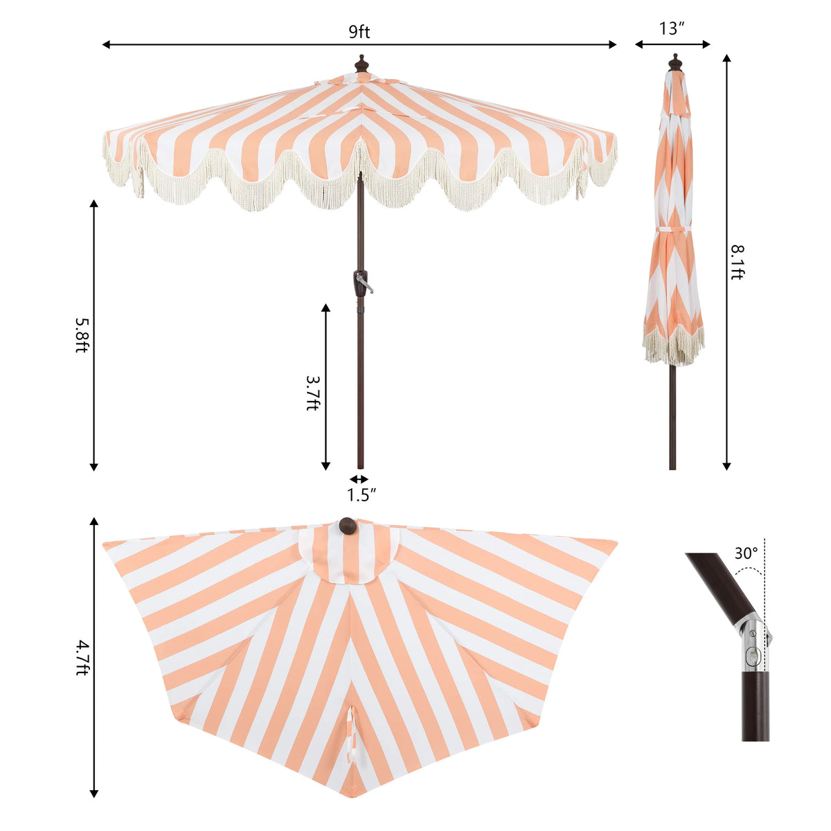 JONATHAN Y Beverly 9 ft. Half Market Patio Umbrella, Designer Classic Scalloped Fringe with Crank, Tilt Button and UV Protection, Blue/White/Cream, Dark Brown Pole