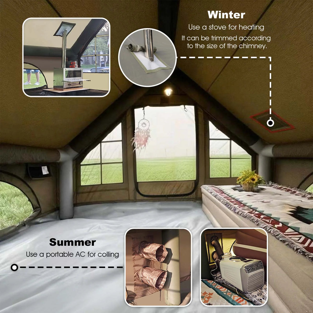 9.8' x 7' Inflatable Camping Tent,4 Season Blow up Tents for Camping, 4-6 Person Inflatable Tent with Stove Jack,Air Tents,Glamping Tent,Waterproof Luxury House with Mesh Window