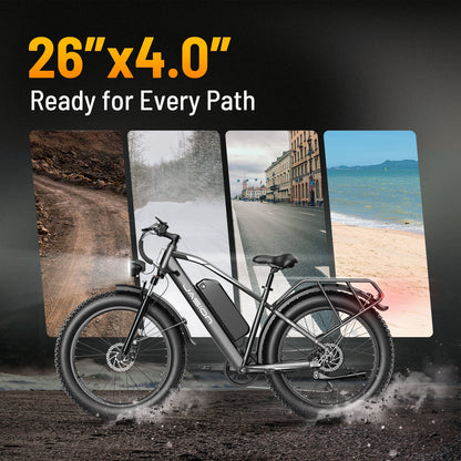 Jasion EB5 MAX Electric Bike for Adults, 750W Electric Mountain Bike with 48V 15Ah Battery, 26'' Fat Tire Off-Road Ebike, 28MPH Shimano 7 Speed Bicycle UL2849