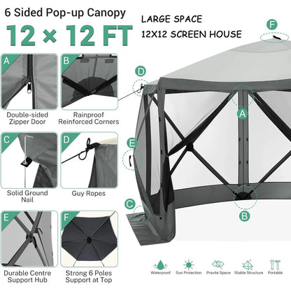 COBIZI 12x12 Pop Up Canopy Gazebo, Outdoor Canopy Tent Screen House with 5 sidewalls and Netting for Camping, Waterproof, UV Resistant, Ez Set-up Party Tent with Carrying Bag and Ground Stakes,Brown