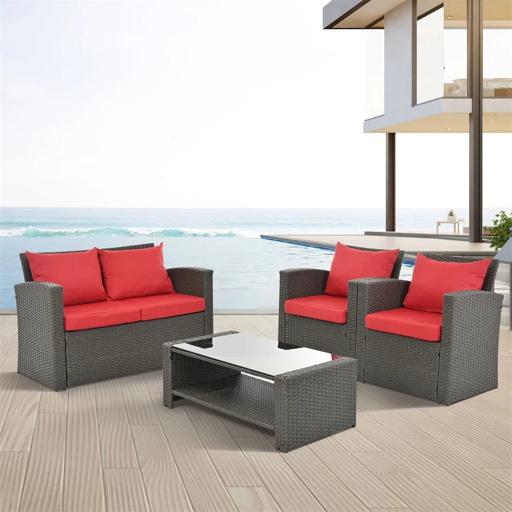 4 Pieces Patio Conversation Set, Outdoor Furniture Set with Cushion, Outside Sectional Rattan Wicker Sofa Furniture Set for Garden, Porch, Backyard, Gray