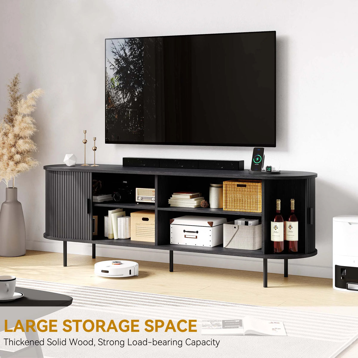 MARNUR 63" TV Stand for 70" TV, Wood Entertainment Center with Storage and Shelves, 2 Sliding Tambour Doors, Mid-Century Modern, Walnut