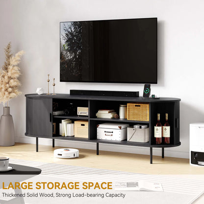 MARNUR 63" TV Stand for 70" TV, Wood Entertainment Center with Storage and Shelves, 2 Sliding Tambour Doors, Mid-Century Modern, Walnut