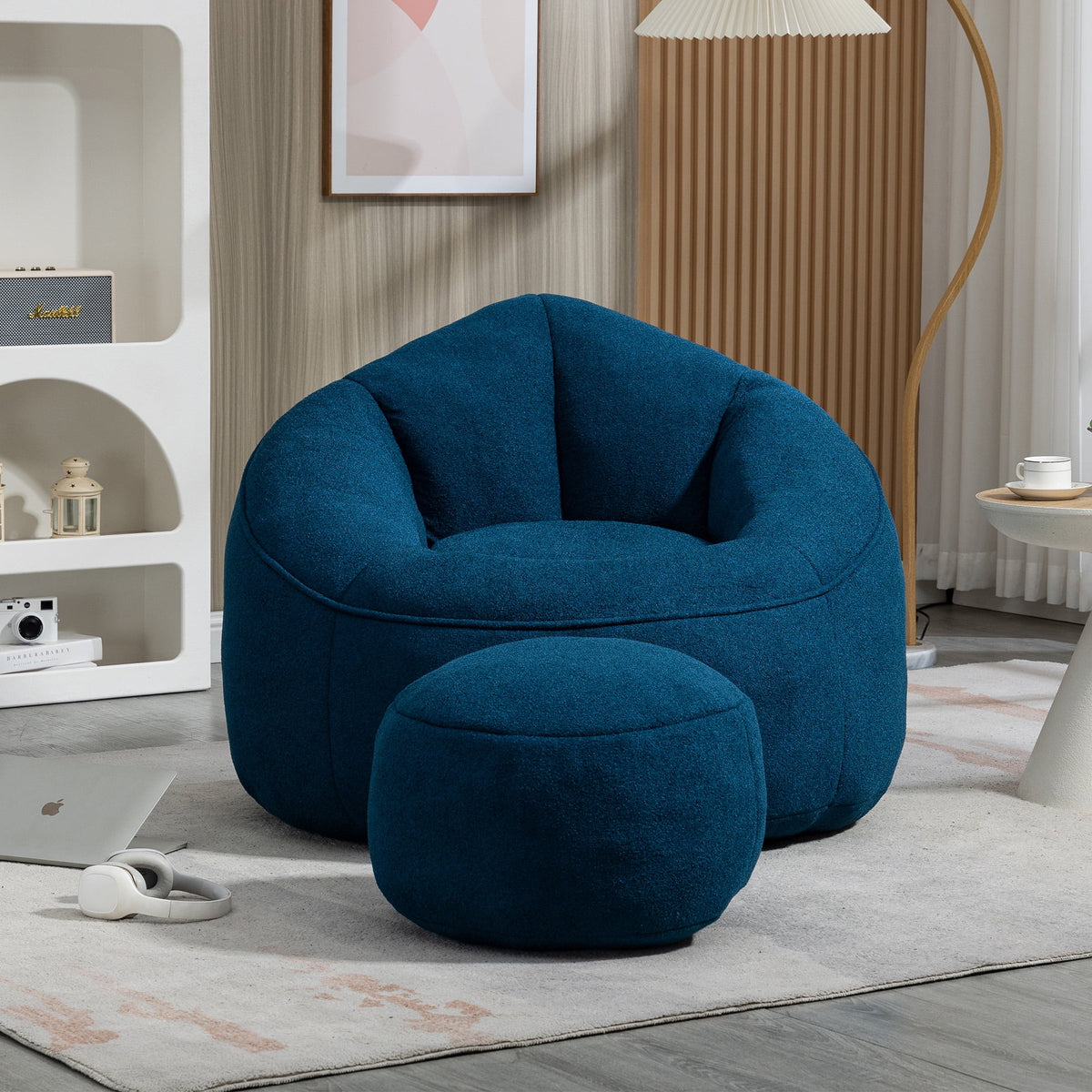 MOONMISS Microfiber Upholstered High Pressure Foam Round Lazy Bean Bag Sofa Chair with Ottoman-Gray