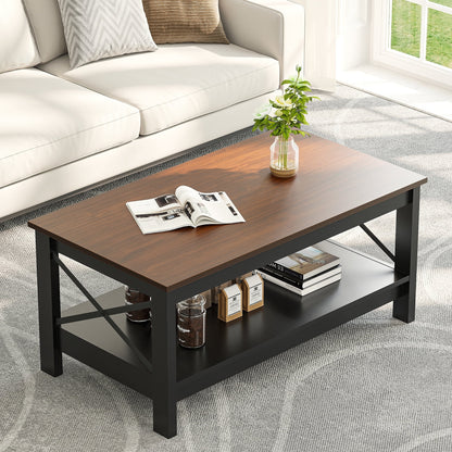 Moasis Farmhouse Coffee Table with Storage 2-Tier Center Table for Living Room Grey Wash Top+White