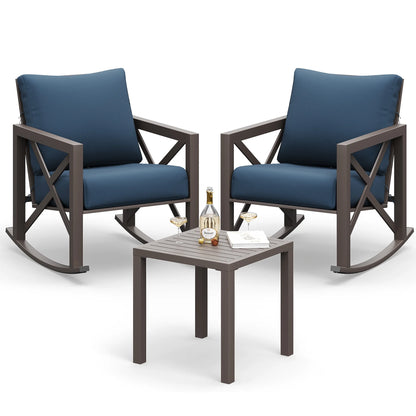 MRUAKA Rocking Chair Bistro Set,3 Piece Outdoor Patio Furniture Set with 2 Rockers and 1 Metal Coffee Table with Thick Cushions for Porch,Backyard,Poolside,Beige