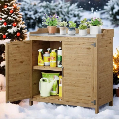 Lofka Outdoor Storage Cabinet, Outdoor Potting Bench Table with Removable Shelves for Yard, Garden,  Waterproof Wood