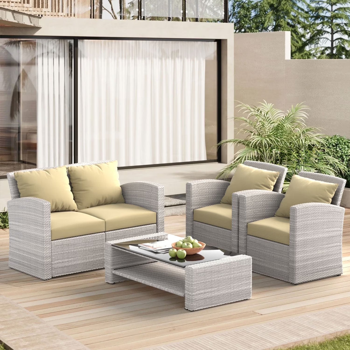 4 Pieces Patio Conversation Set, Outdoor Furniture Set with Cushion, Outside Sectional Rattan Wicker Sofa Furniture Set for Garden, Porch, Backyard, Gray