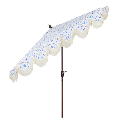 JONATHAN Y Beverly 9 ft. Half Market Patio Umbrella, Designer Classic Scalloped Fringe with Crank, Tilt Button and UV Protection, Blue/White/Cream, Dark Brown Pole