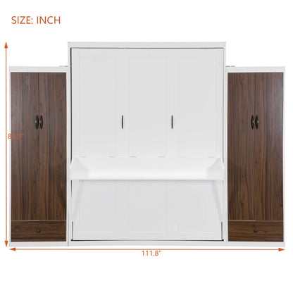 Full Size Murphy Bed Wall Bed with Closet ,Drawers and Table,White