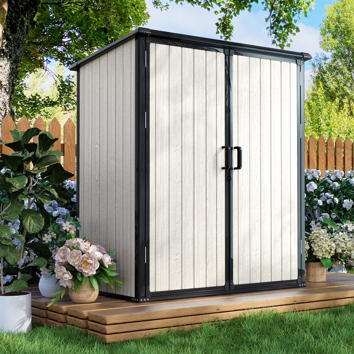 Sunmthink 5.0' X 3.1' Resin Outdoor Shed with Base Frame, Plastic Shed with Lockable Door, for Garden, Ptaio, Backyard, Gray