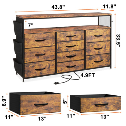 EnHomee Dressers for bedroom TV Stand with Power Outlets &LED Lights Wide Dresser with 10 Drawers&Side Pockets & Hook Fabric Chest of Drawers,Black
