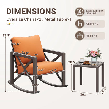 MRUAKA Rocking Chair Bistro Set,3 Piece Outdoor Patio Furniture Set with 2 Rockers and 1 Metal Coffee Table with Thick Cushions for Porch,Backyard,Poolside,Beige