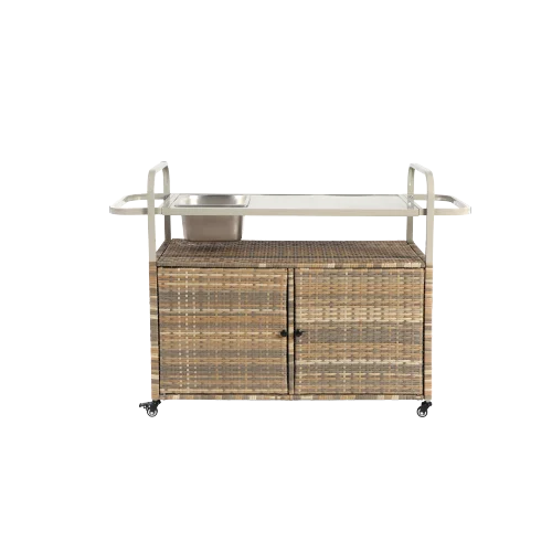 Yiweny Outdoor Rolling Wicker Bar Cart, Large Portable Outdoor Wicker Bar Table with Cabinet Storage and Glass Countertop, Patio Wicker Serving Bar Cart for Pool, Party, Backyard, Black