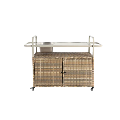 Yiweny Outdoor Rolling Wicker Bar Cart, Large Portable Outdoor Wicker Bar Table with Cabinet Storage and Glass Countertop, Patio Wicker Serving Bar Cart for Pool, Party, Backyard, Black