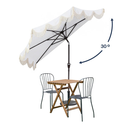 JONATHAN Y Beverly 9 ft. Half Market Patio Umbrella, Designer Classic Scalloped Fringe with Crank, Tilt Button and UV Protection, Blue/White/Cream, Dark Brown Pole
