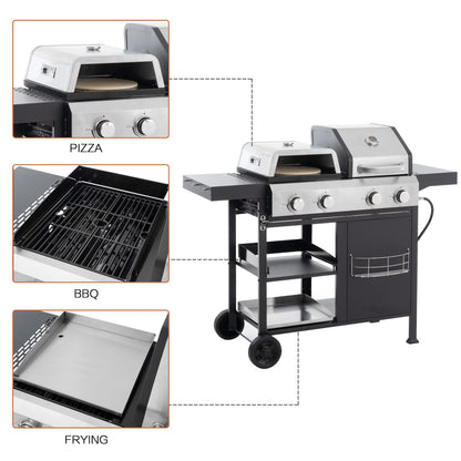 4-Burner BBQ Grill W/Side Burner, 50,000BTU Gas Propane Grill Portable with Storage Cabinet, Heavy-Duty Stainless Steel Outdoor Cooking, with Tank Hook, Towel Rack, Steel Brush