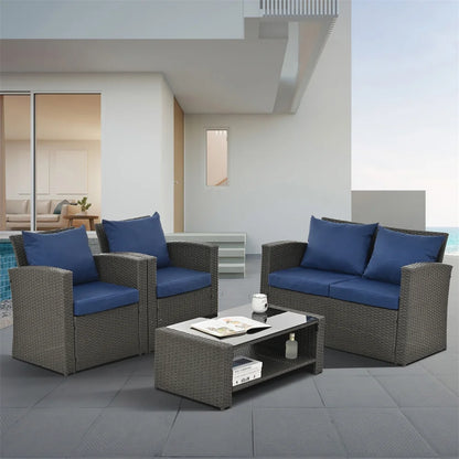 4 Pieces Patio Conversation Set, Outdoor Furniture Set with Cushion, Outside Sectional Rattan Wicker Sofa Furniture Set for Garden, Porch, Backyard, Gray