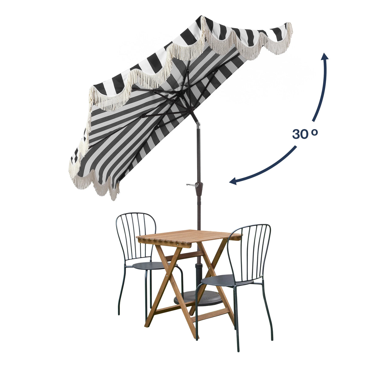 JONATHAN Y Beverly 9 ft. Half Market Patio Umbrella, Designer Classic Scalloped Fringe with Crank, Tilt Button and UV Protection, Blue/White/Cream, Dark Brown Pole