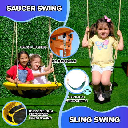Sportspower Amelia Wooden Swing Set with 2-Person Saucer Swing, 6' Blow Molded Slide, Swing, Play Fort, Heavy Duty Double A-Frame, Lifetime Warranty on Slide