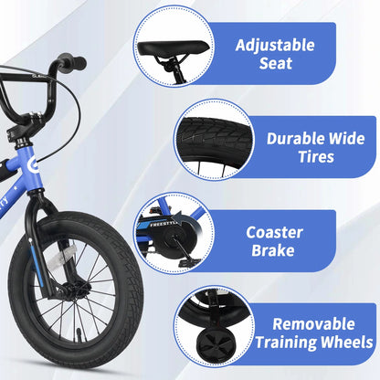 Glerc 14 Inch Little Kids Bike BMX Style Bicycle with Training Wheels Coaster Brake for 3 4 5 Years Old Boys Girls, Blue