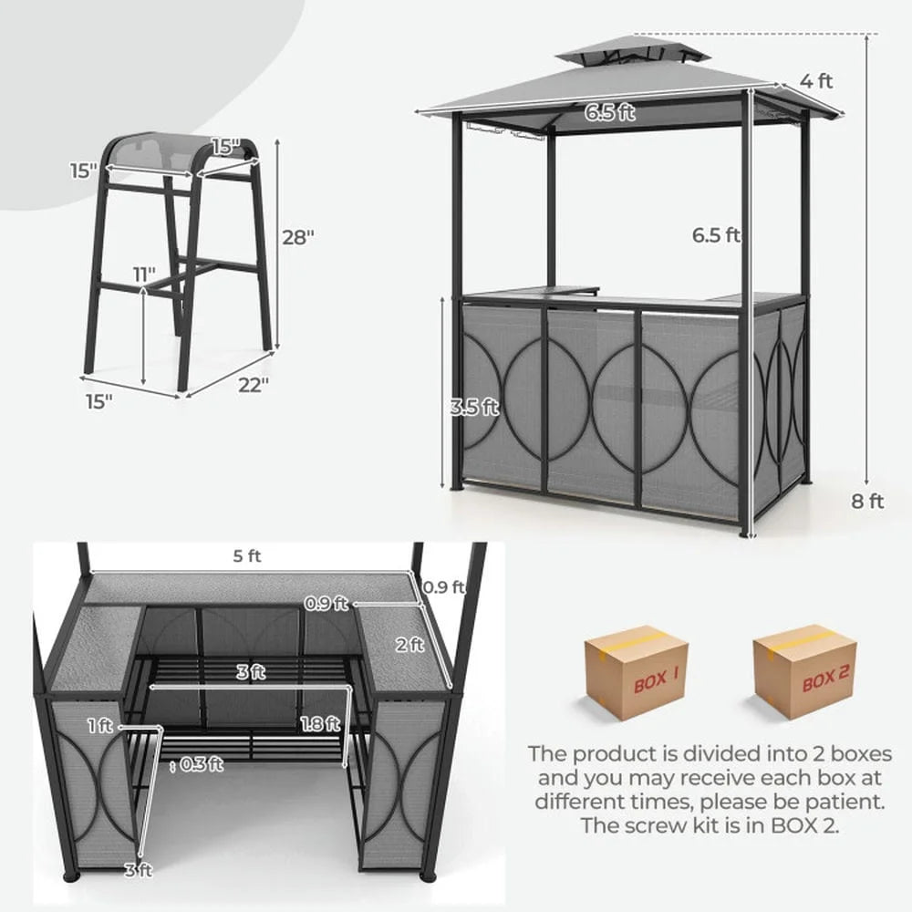 Aimee Lii 3-Piece Patio Bar Set Grill Patio Canopy & 2 Bar Stools with Tempered Glass Bar Table, Modern Patio Furniture for Outdoor Backyard Pool Deck-Brown