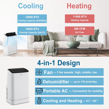 Canddidliike 15000 BTU Portable Air Conditioner with APP Control and Heat, Room Air Conditioner with Remote Control,Dehumidifier