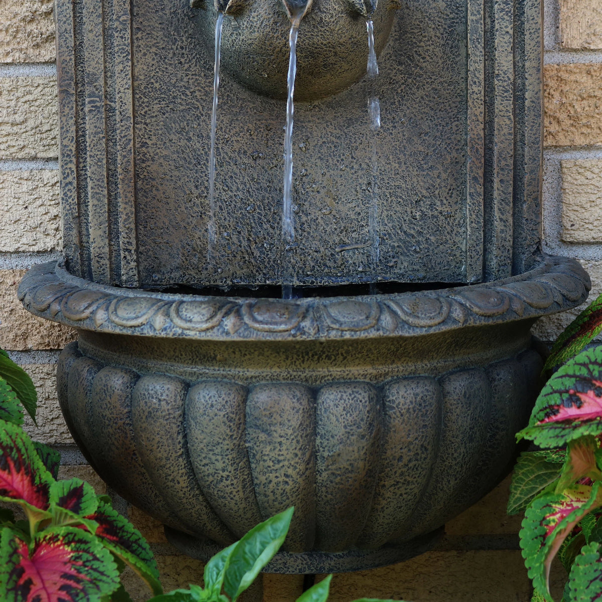Sunnydaze 27"H Electric Polystone Florence Outdoor Wall-Mount Water Fountain, Florentine Stone Finish