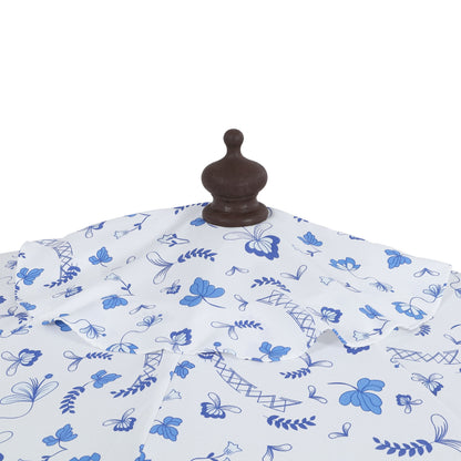 JONATHAN Y Beverly 9 ft. Half Market Patio Umbrella, Designer Classic Scalloped Fringe with Crank, Tilt Button and UV Protection, Blue/White/Cream, Dark Brown Pole