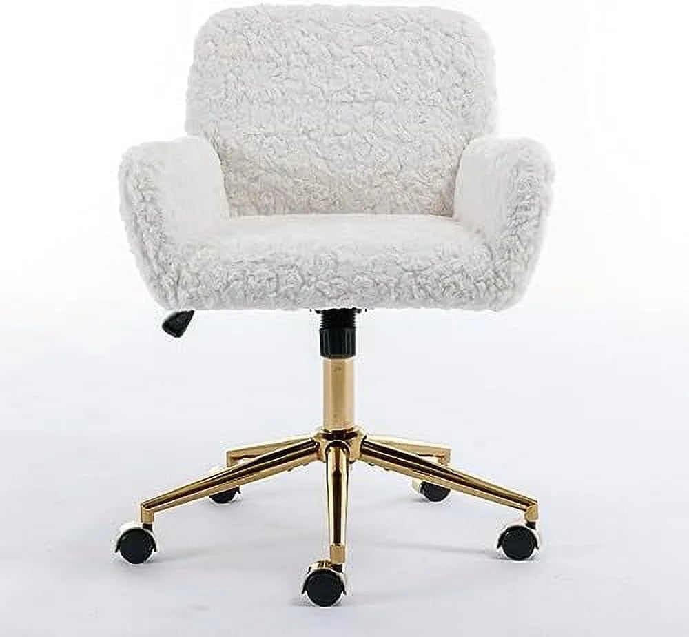 Fluffy Desk Chair,Height Adjustable Vanity Chair with Wheels,Comfortable Faux Fur Desk Chair with goldenn Base, Arm Chair for Bedroom,Living Room,Vanity,Office