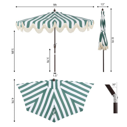 JONATHAN Y Beverly 9 ft. Half Market Patio Umbrella, Designer Classic Scalloped Fringe with Crank, Tilt Button and UV Protection, Blue/White/Cream, Dark Brown Pole