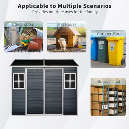 8x4 FT Outdoor Storage Shed with Floor, Resin Garden Sheds with Lockable Door, Vents & Windows, Weather Resistant Tool Shed with Sloped Roof for Backyard Patio, Grey