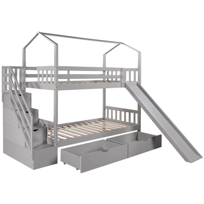 Bellemave Twin Over Twin House Bunk Bed with Slide and Stairs,Wooden Bunk Bed with Storage Drawers,Playhouse Bed for Kids,Teens(Gray)