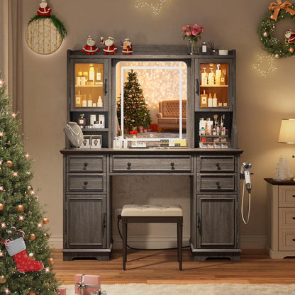 EnHomee Farmhouse Vanity Desk with Mirror and Lights White Vanity with Lighted Mirror Makeup Vanity Set with RGB Cabinets and Storage Drawers