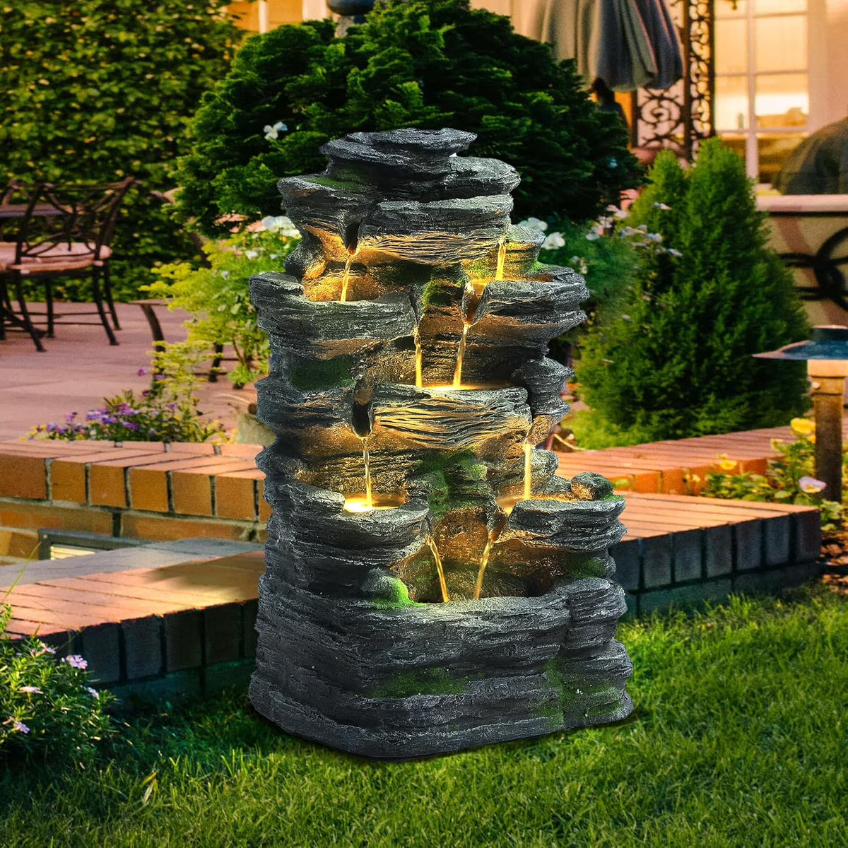 Magic Union 7-Tier Cascading Rock Water Fountain, 24" H Outdoor Freestanding Fountain with LED Lights and Pump, Outdoor Garden Waterfall Decor for Patio, Yard and Deck Decor, Natural Stone Look