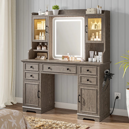 EnHomee Farmhouse Vanity Desk with Mirror and Lights White Vanity with Lighted Mirror Makeup Vanity Set with RGB Cabinets and Storage Drawers