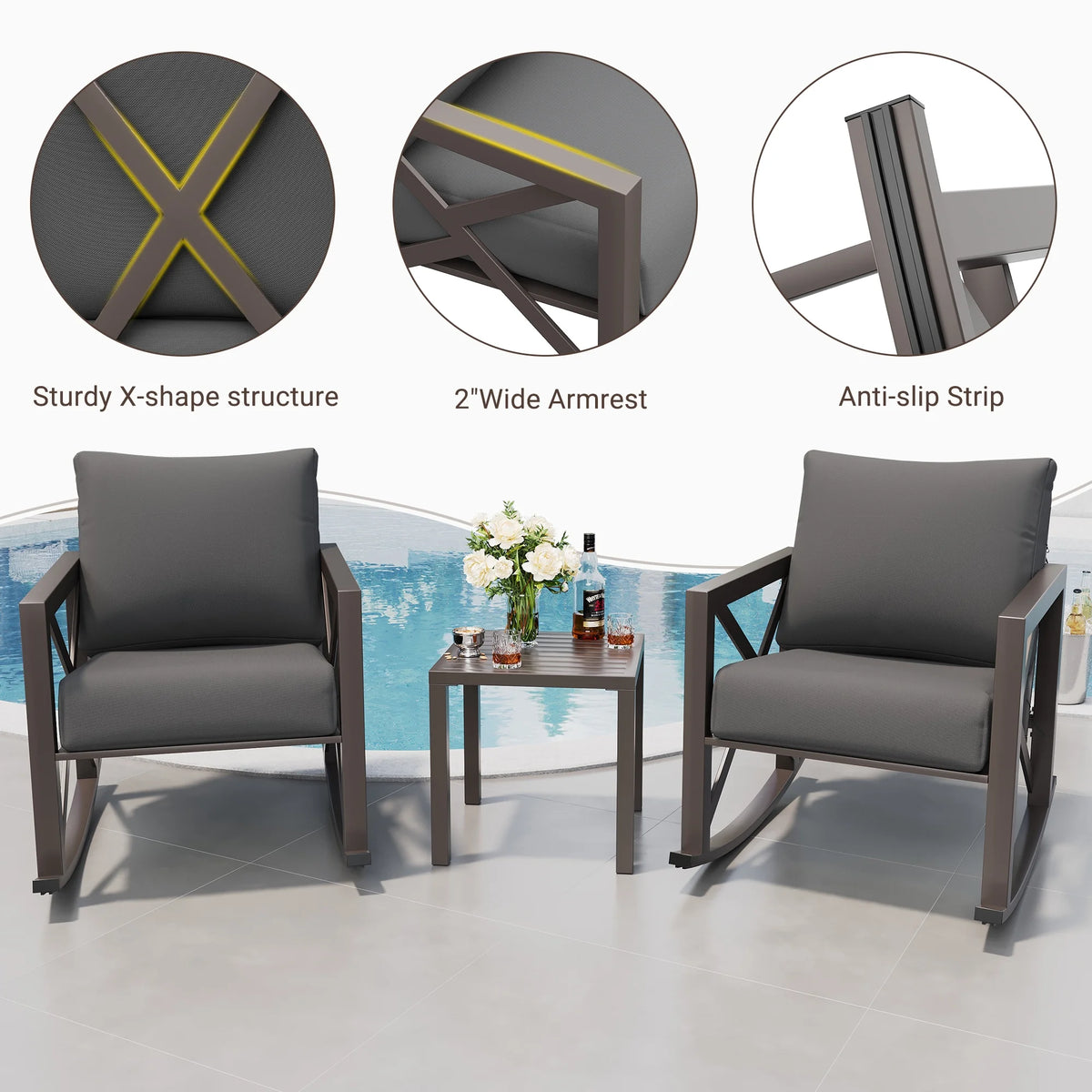 MRUAKA Rocking Chair Bistro Set,3 Piece Outdoor Patio Furniture Set with 2 Rockers and 1 Metal Coffee Table with Thick Cushions for Porch,Backyard,Poolside,Beige