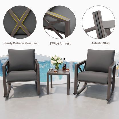 MRUAKA Rocking Chair Bistro Set,3 Piece Outdoor Patio Furniture Set with 2 Rockers and 1 Metal Coffee Table with Thick Cushions for Porch,Backyard,Poolside,Beige