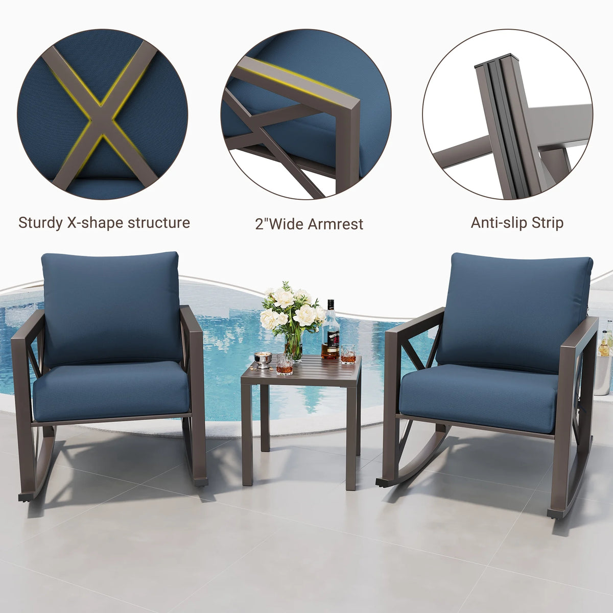 MRUAKA Rocking Chair Bistro Set,3 Piece Outdoor Patio Furniture Set with 2 Rockers and 1 Metal Coffee Table with Thick Cushions for Porch,Backyard,Poolside,Beige
