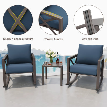 MRUAKA Rocking Chair Bistro Set,3 Piece Outdoor Patio Furniture Set with 2 Rockers and 1 Metal Coffee Table with Thick Cushions for Porch,Backyard,Poolside,Beige