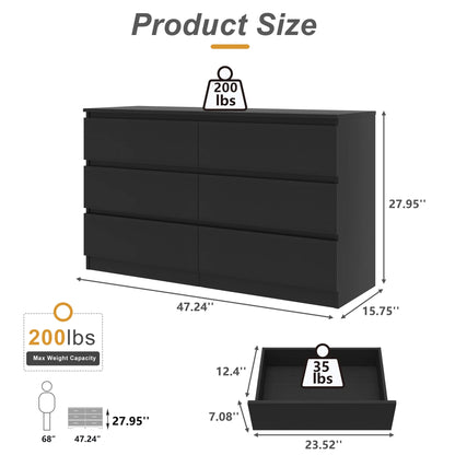 Kadyn White Chest of Drawer, 6 Double Drawer Dresser for Bedroom, Modern Storage Cabinet for Living Room, Dresser