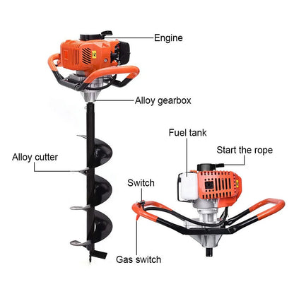 Jacgood 62cc Post Hole Digger 2 Stroke Petrol Gas Powered Earth Digger with 3 Auger Drill Bits (3" 5" & 8") + 3 Extension Rods for Farm Garden Plant