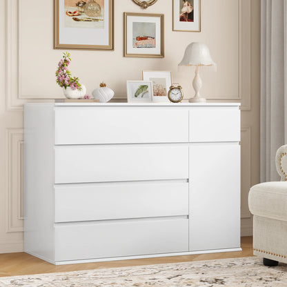Homfa 5 Drawer White Dresser with Door, Modern Accent Storage Cabinet Chests of Drawers for Bedroom Living Room