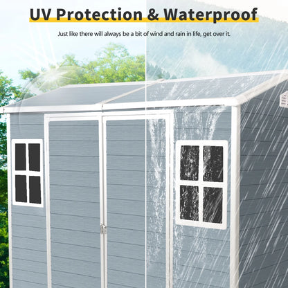 8x4 FT Outdoor Storage Shed with Floor, Resin Garden Sheds with Lockable Door, Vents & Windows, Weather Resistant Tool Shed with Sloped Roof for Backyard Patio, Grey